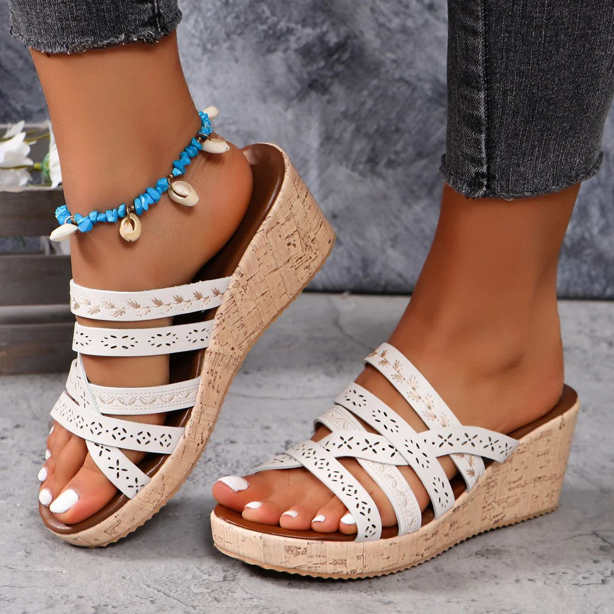PU Leather Crisscross Wedge Sandals - Image 4