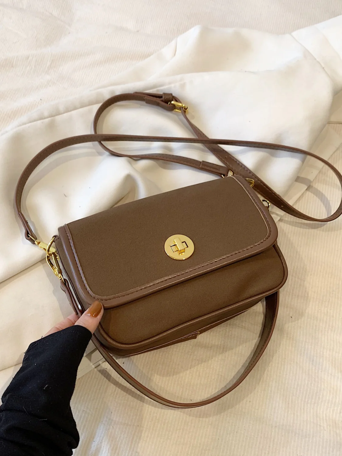 PU Leather Suede Twist-Lock Shoulder Bag - Image 2
