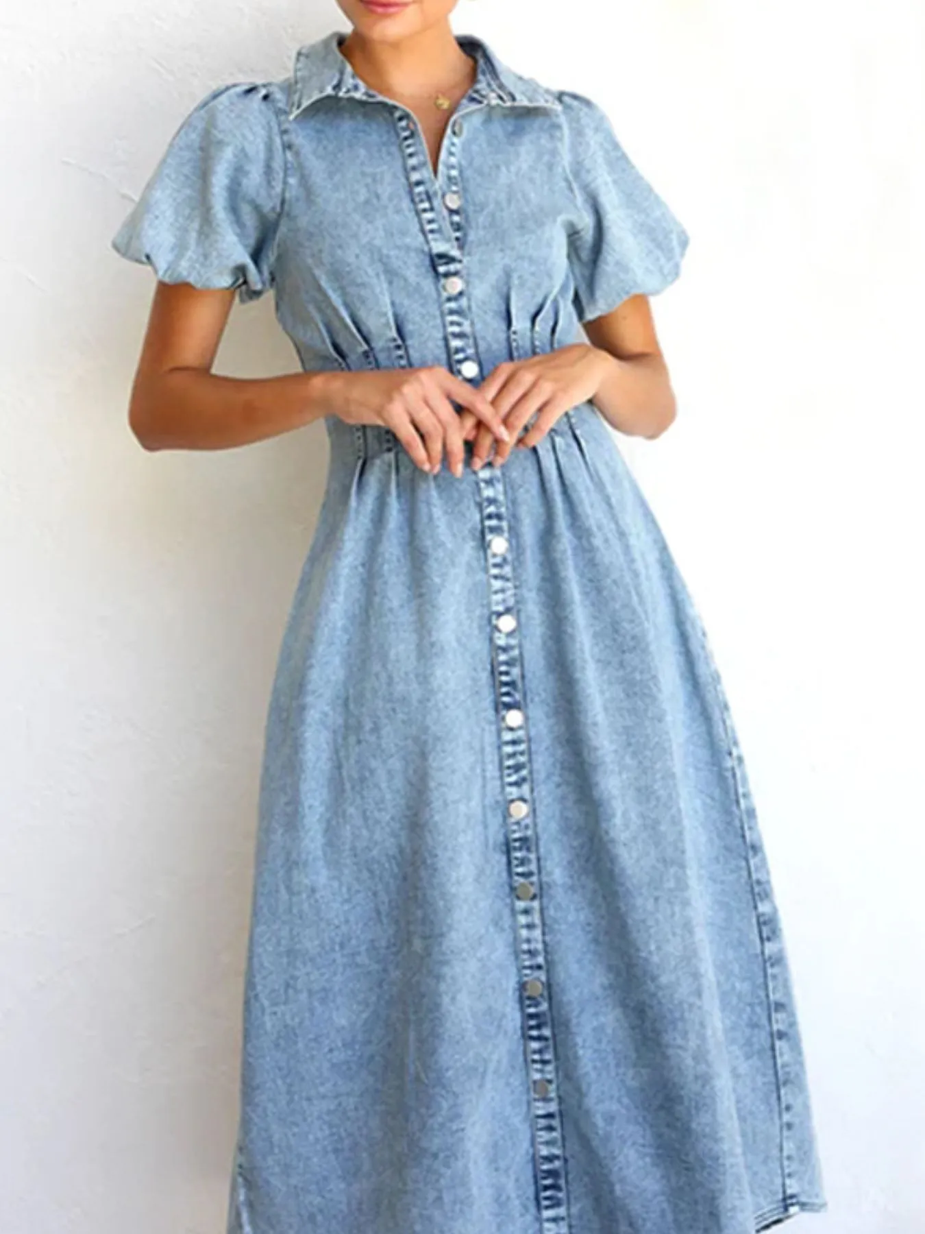 Puff Sleeve Button Front Denim Midi Dress - Image 4