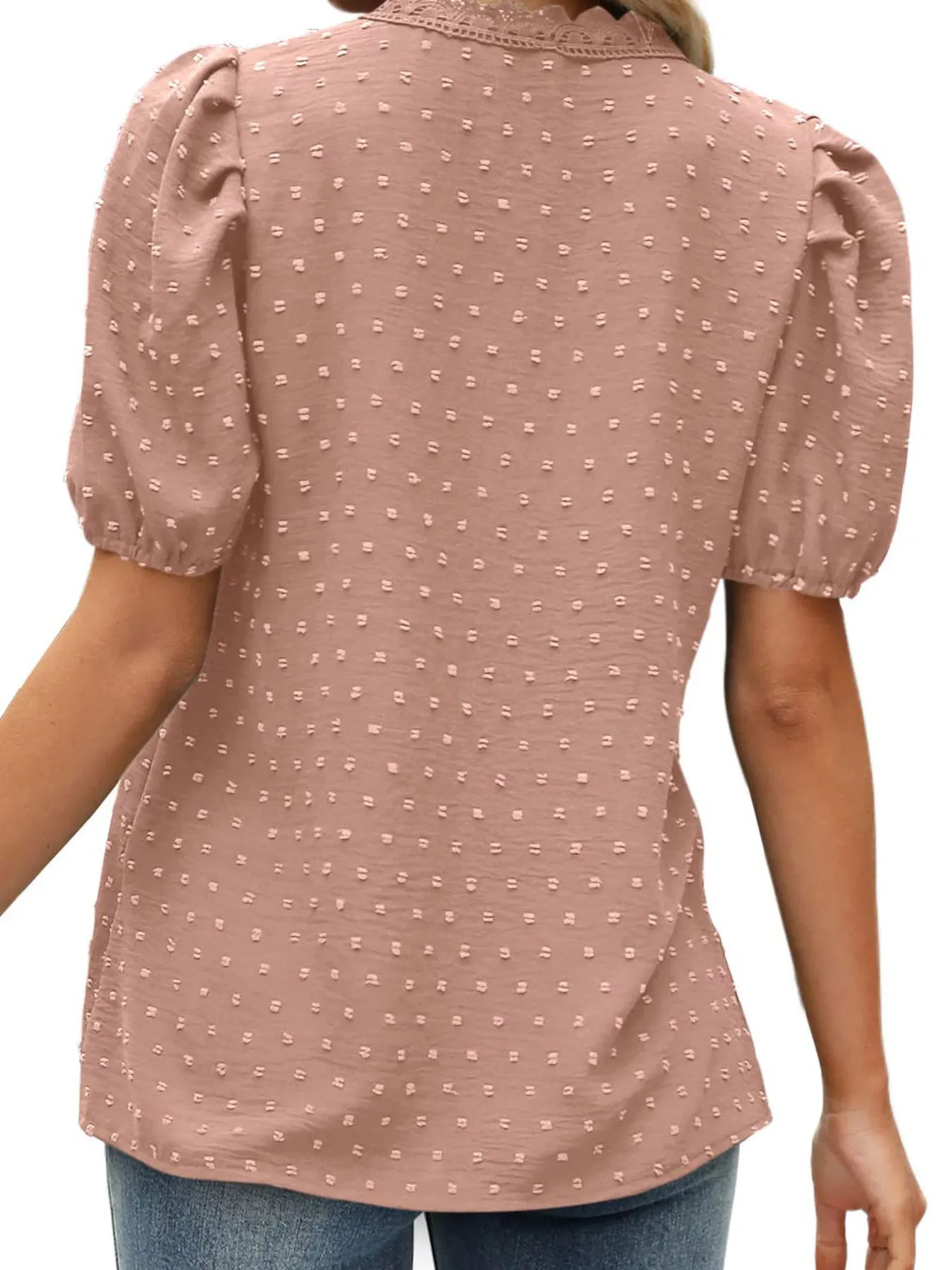 Puff Sleeve Swiss Dot Lace Trim Blouse - Image 15