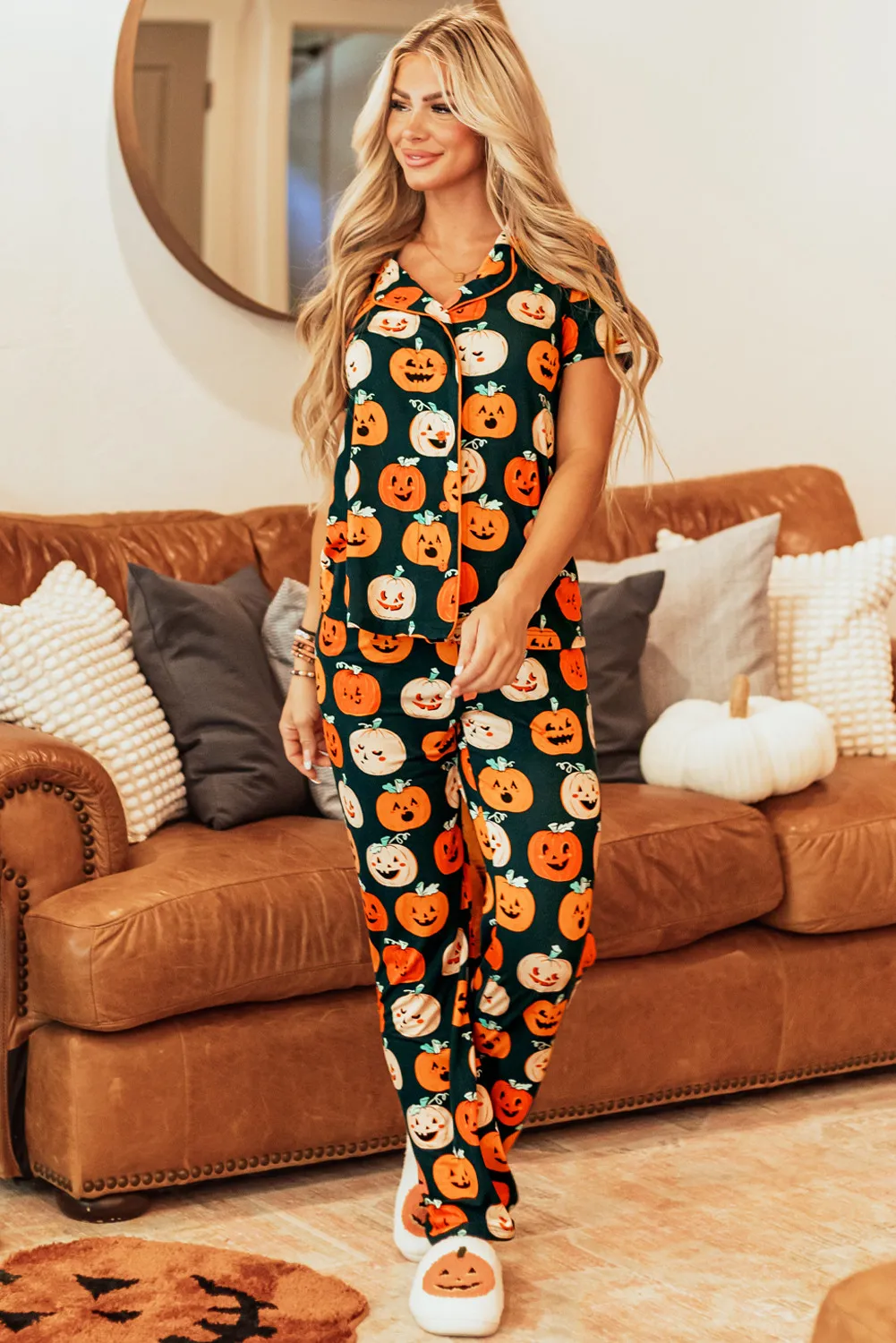 Pumpkin Printed Short Sleeve Top and Pants Lounge Set - Image 3
