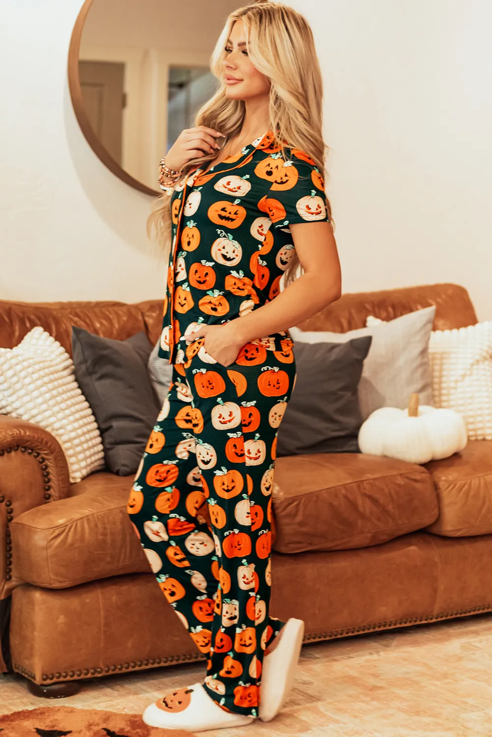 Pumpkin Printed Short Sleeve Top and Pants Lounge Set - Image 4