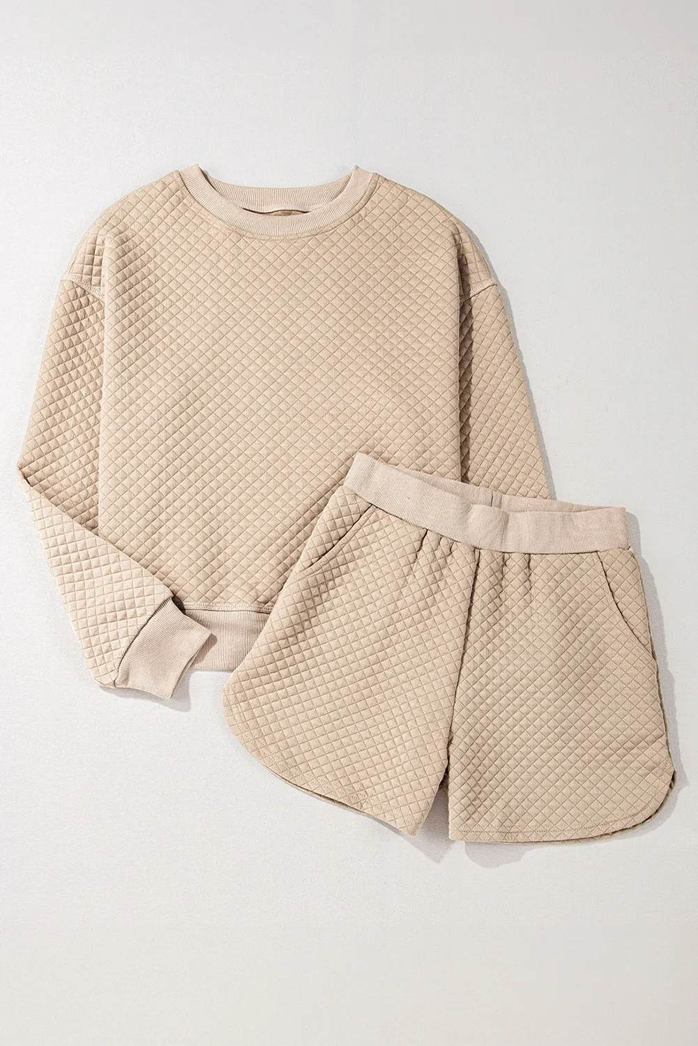 Quilted Round Neck Long Sleeve Top and Shorts Set - Image 2