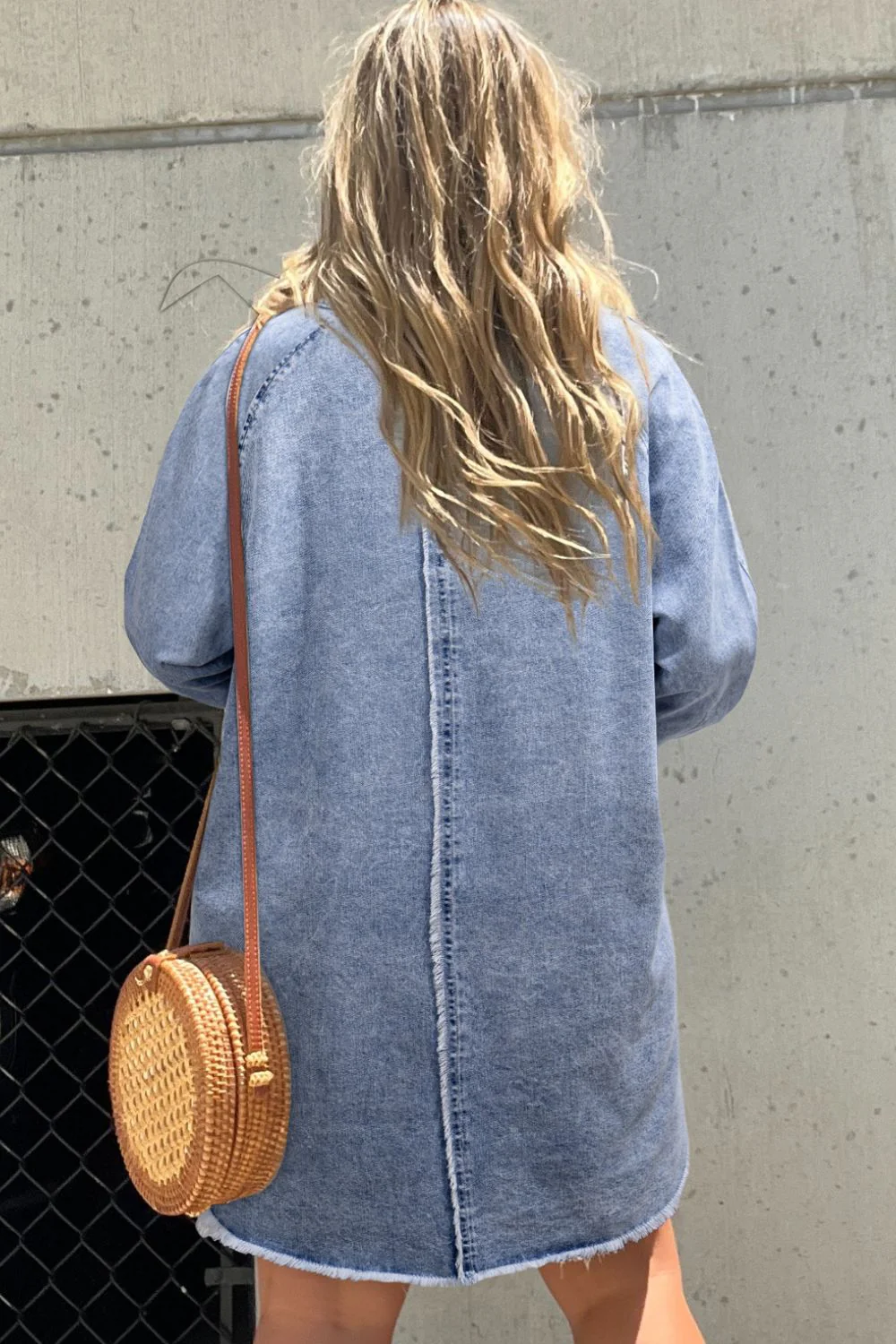 Raw Hem Button Down Long Sleeve Denim Dress - Image 3