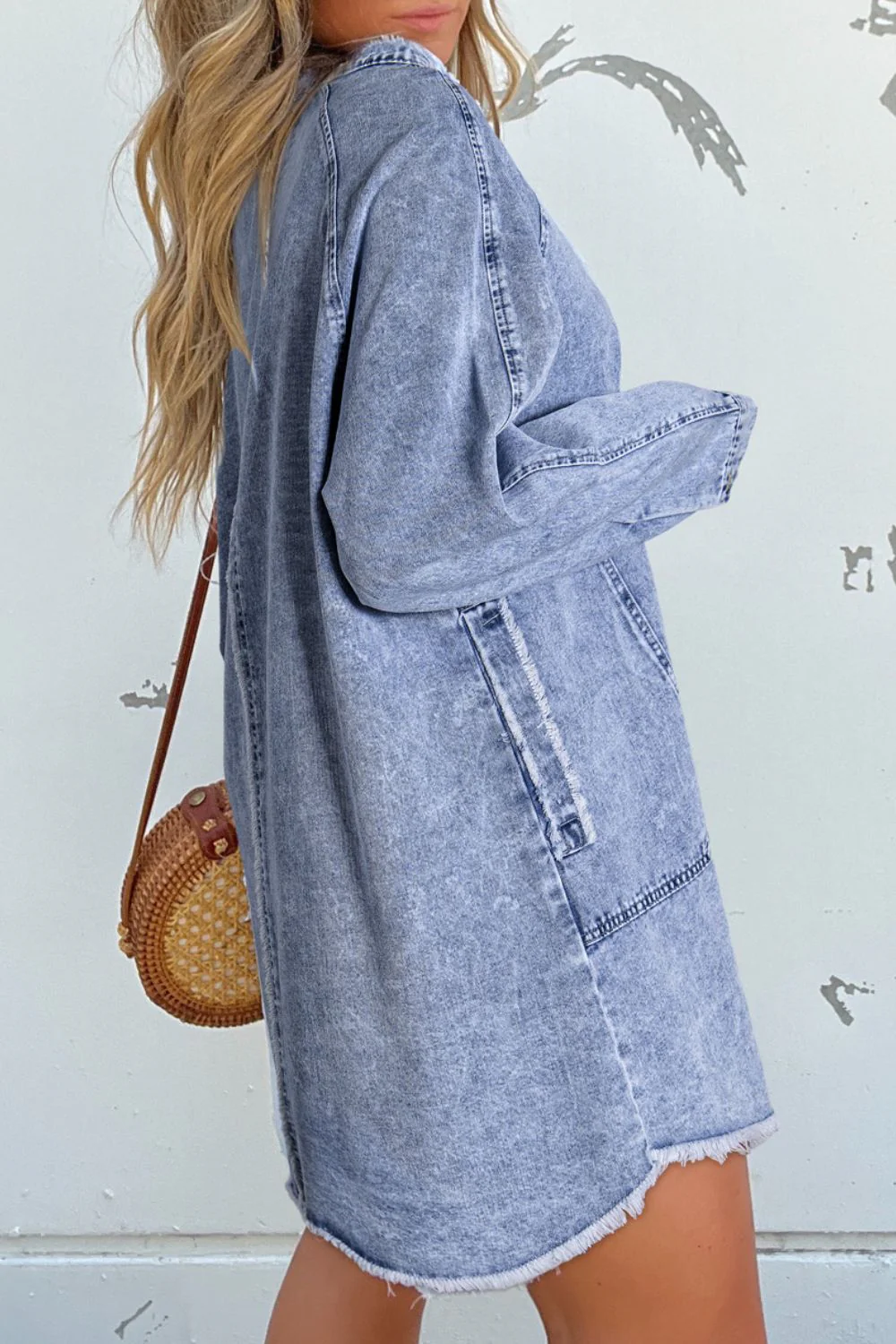 Raw Hem Button Down Long Sleeve Denim Dress - Image 4
