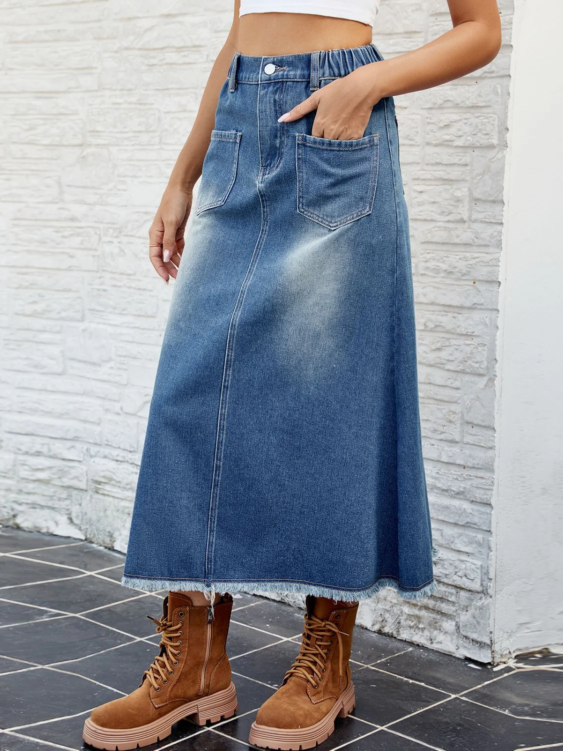 Raw Hem Buttoned Denim Skirt with Pockets - Image 5