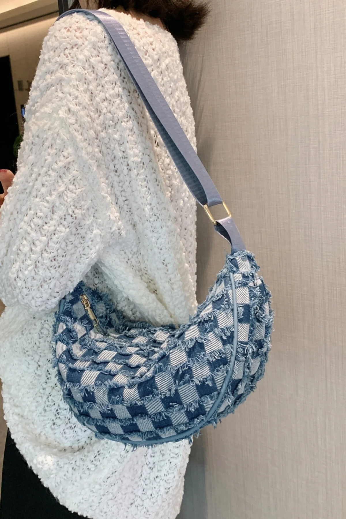 Raw Hem Checkered Denim Crossbody Bag - Image 15