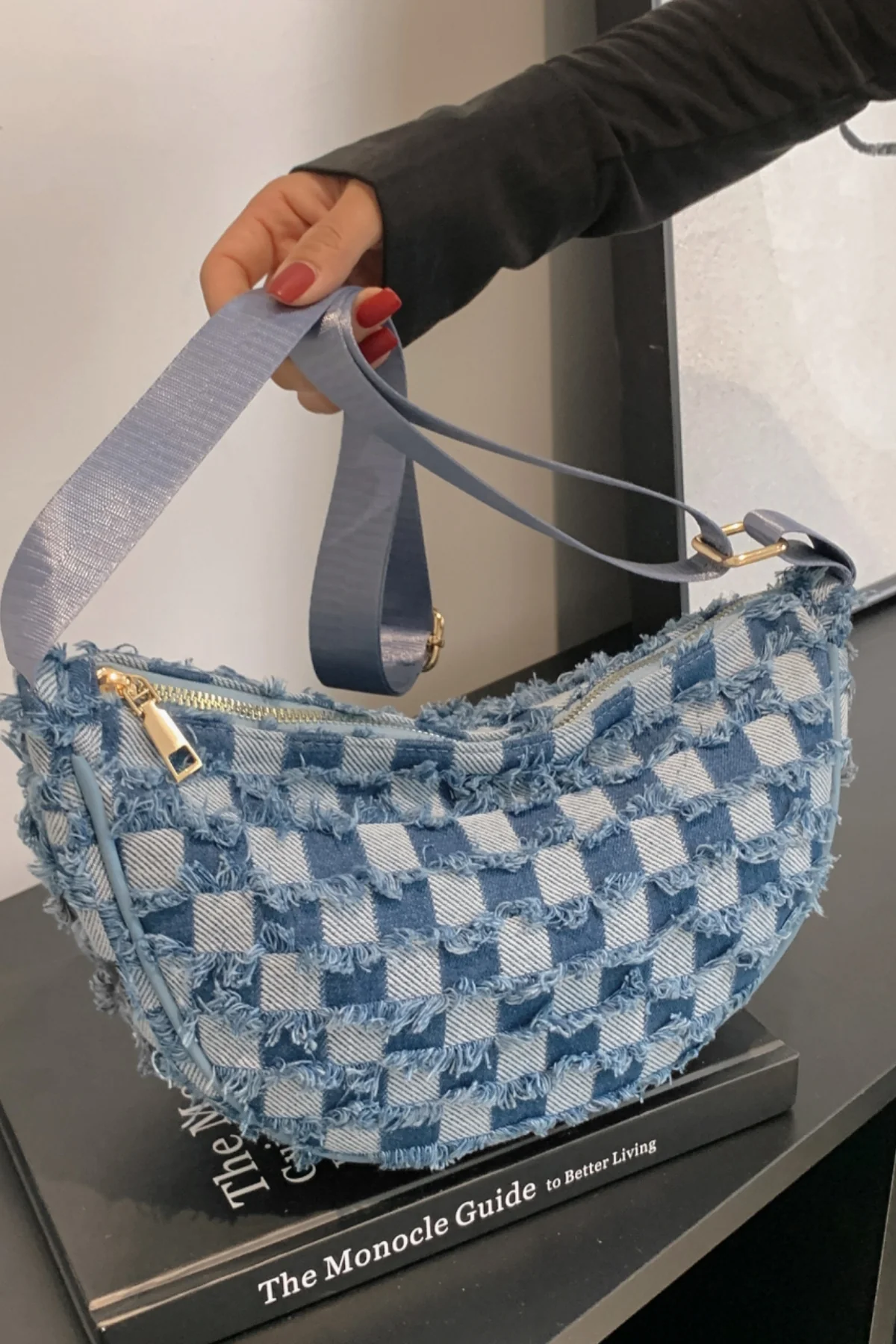 Raw Hem Checkered Denim Crossbody Bag - Image 16