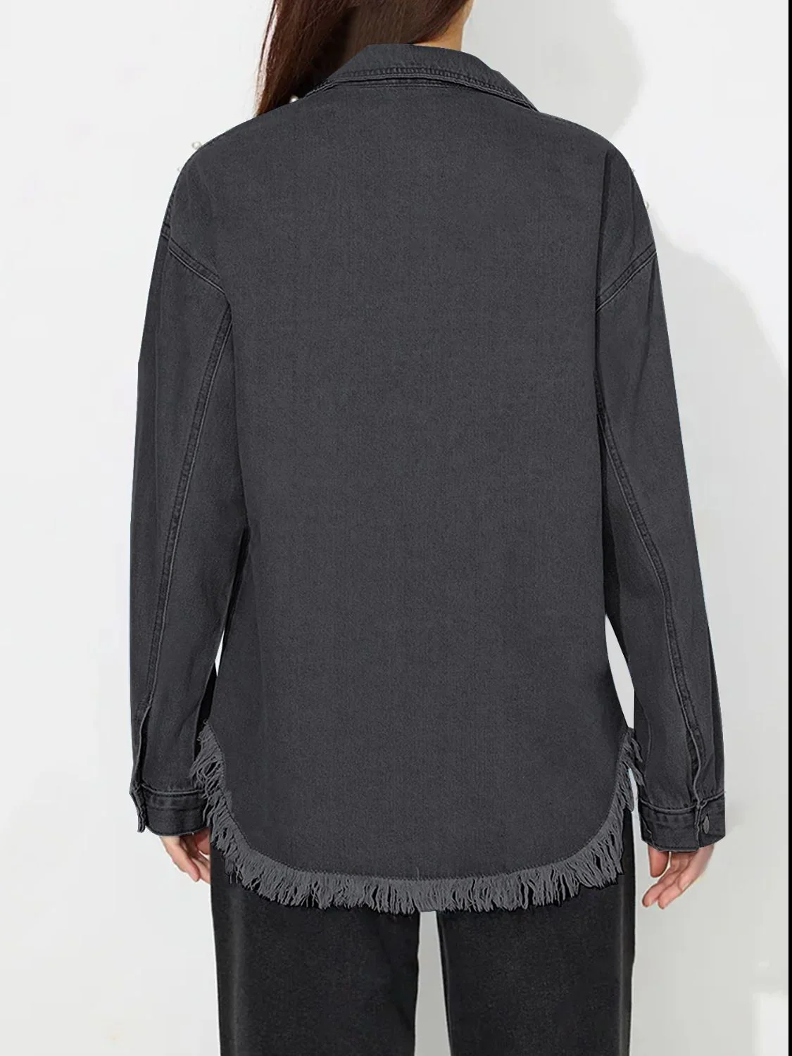 Raw Hem Pearl Trim Collared Neck Denim Top - Image 15