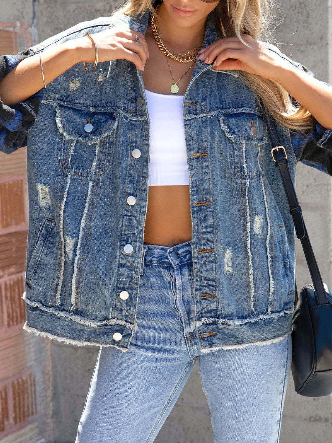 Raw Hem Plaid Sleeve Denim Jacket - Image 3