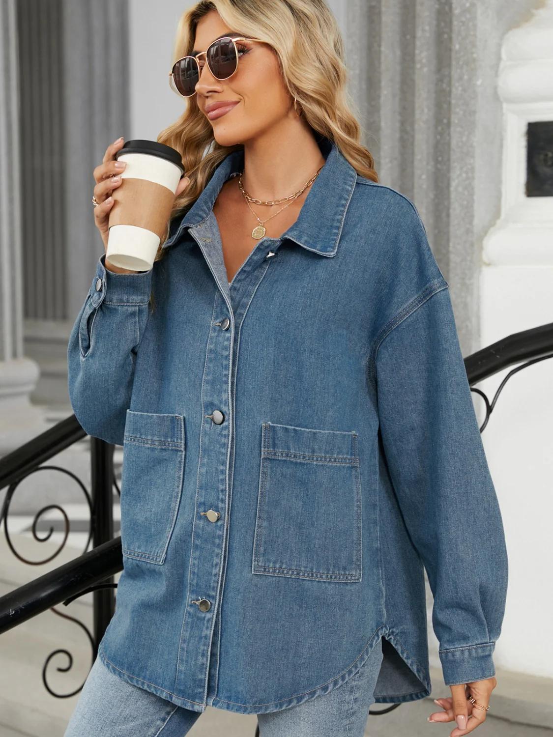 Removable Hood Button Up Long Sleeve Denim Jacket - Image 4