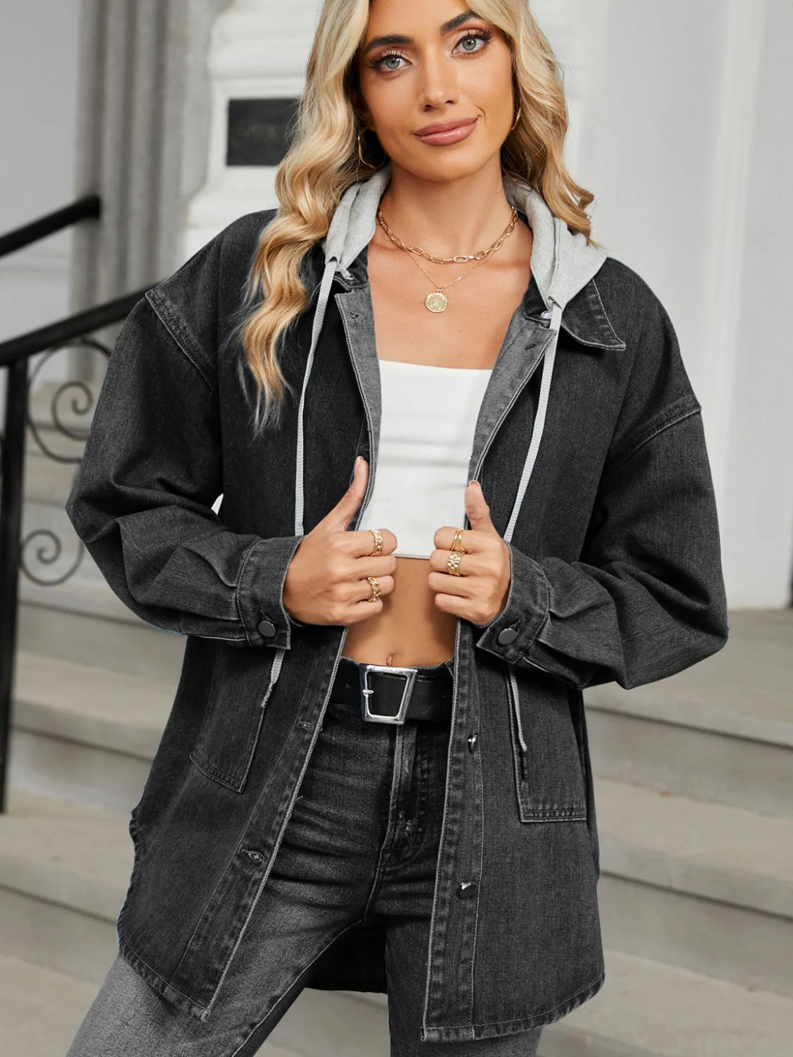 Removable Hood Button Up Long Sleeve Denim Jacket - Image 6