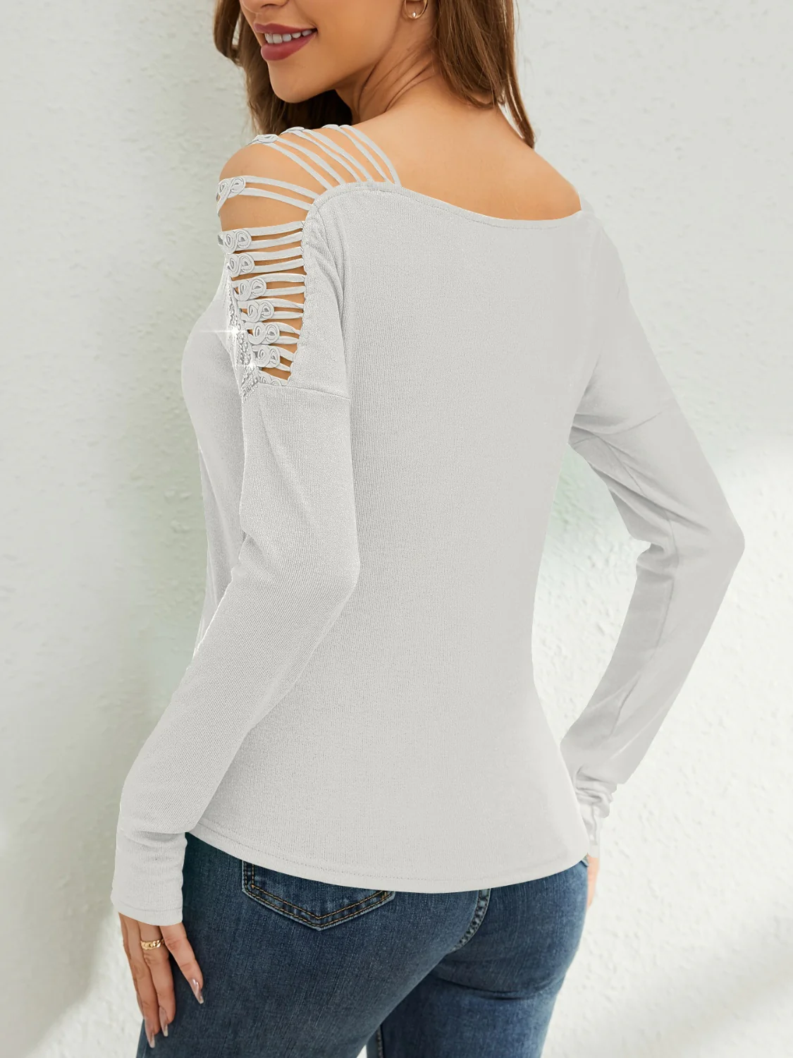 Rhinestone Cutout Long Sleeve T-Shirt - Image 9