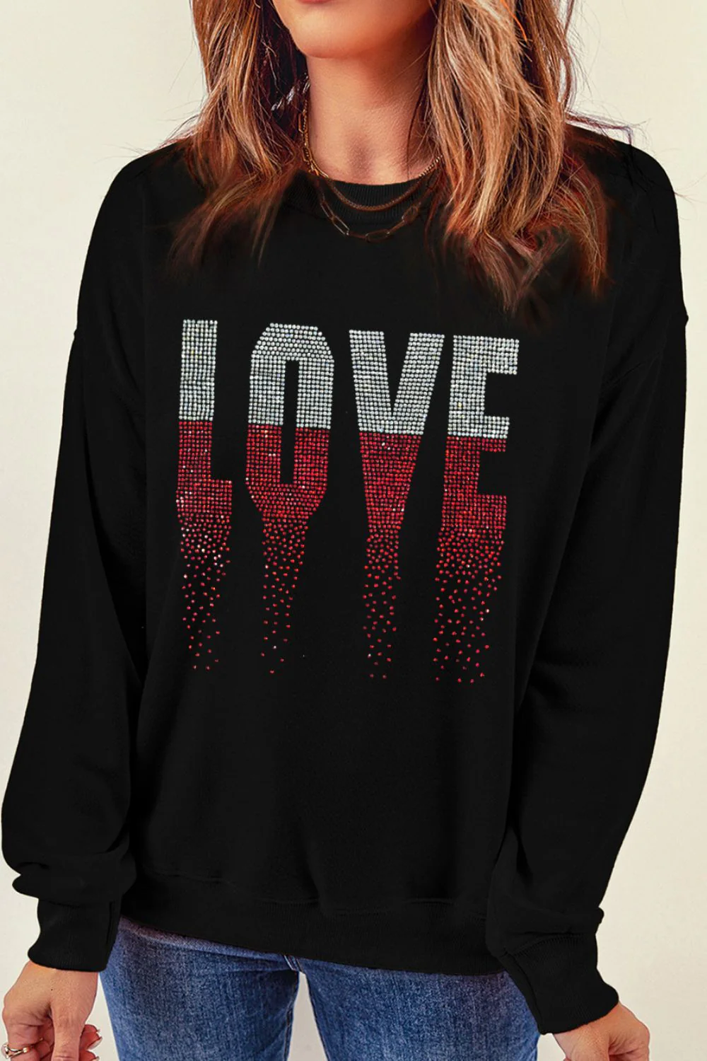 Rhinestone LOVE Round Neck Long Sleeve Sweatshirt - Image 3