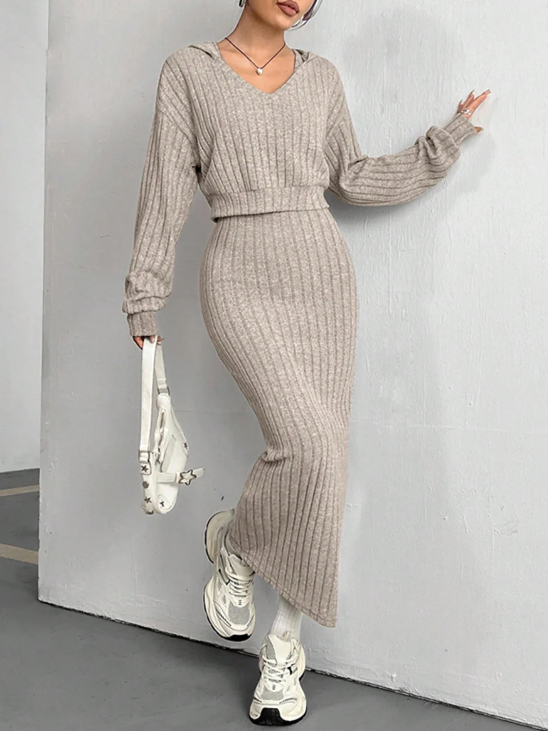 Ribbed Cropped Hooded Top and V-Neck Tank Dress Set - Image 5