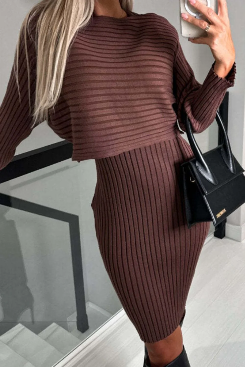 Ribbed Round Neck Top and Cami Dress Sweater Set - Image 6