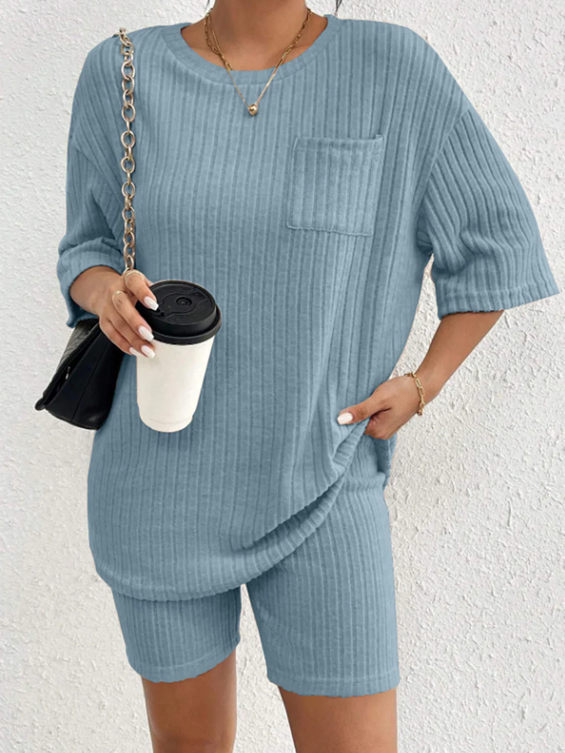 Ribbed Round Neck Top and Shorts Set - Image 8
