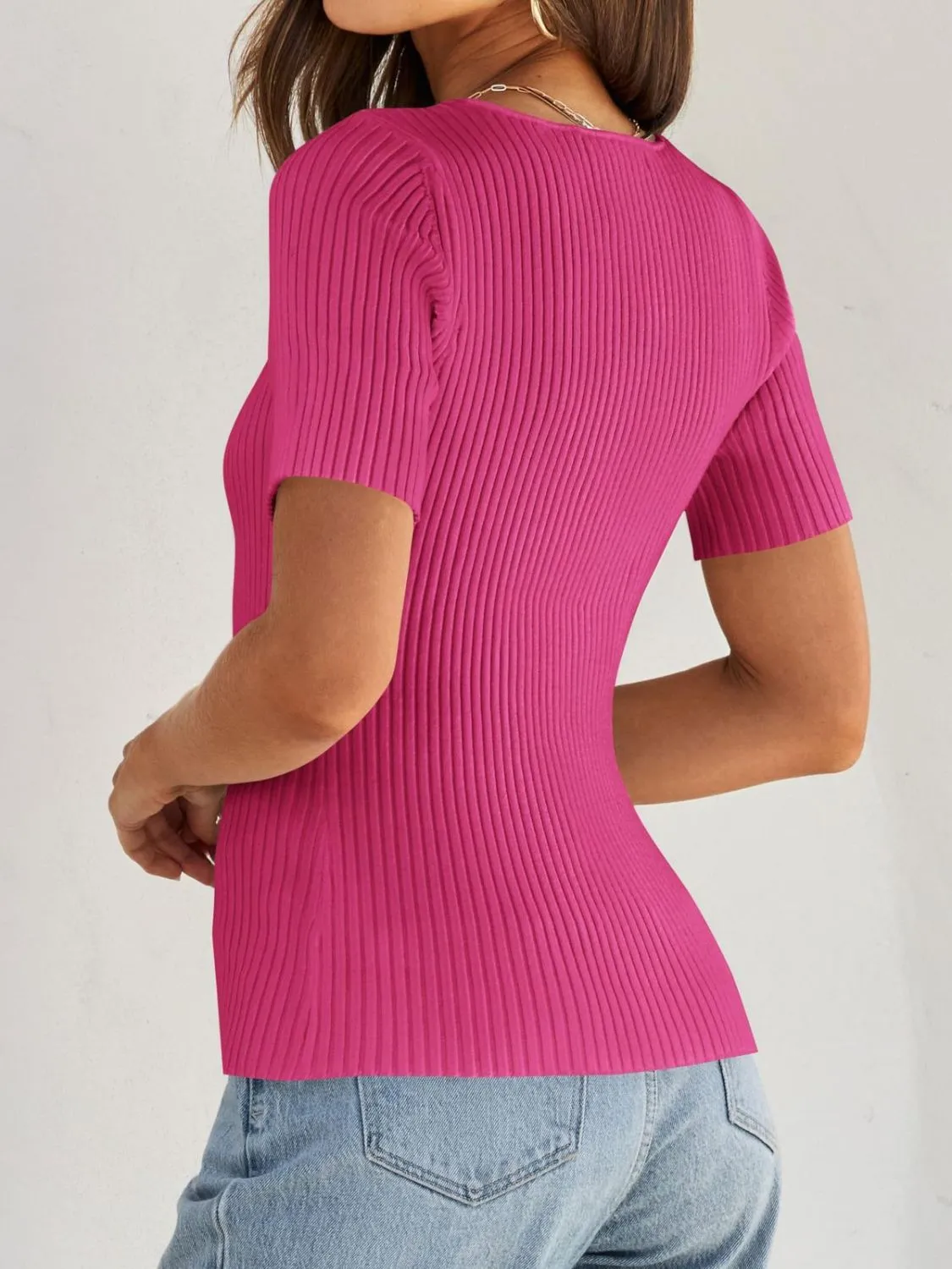 Ribbed Square Neck Short Sleeve Knit Top - Image 11