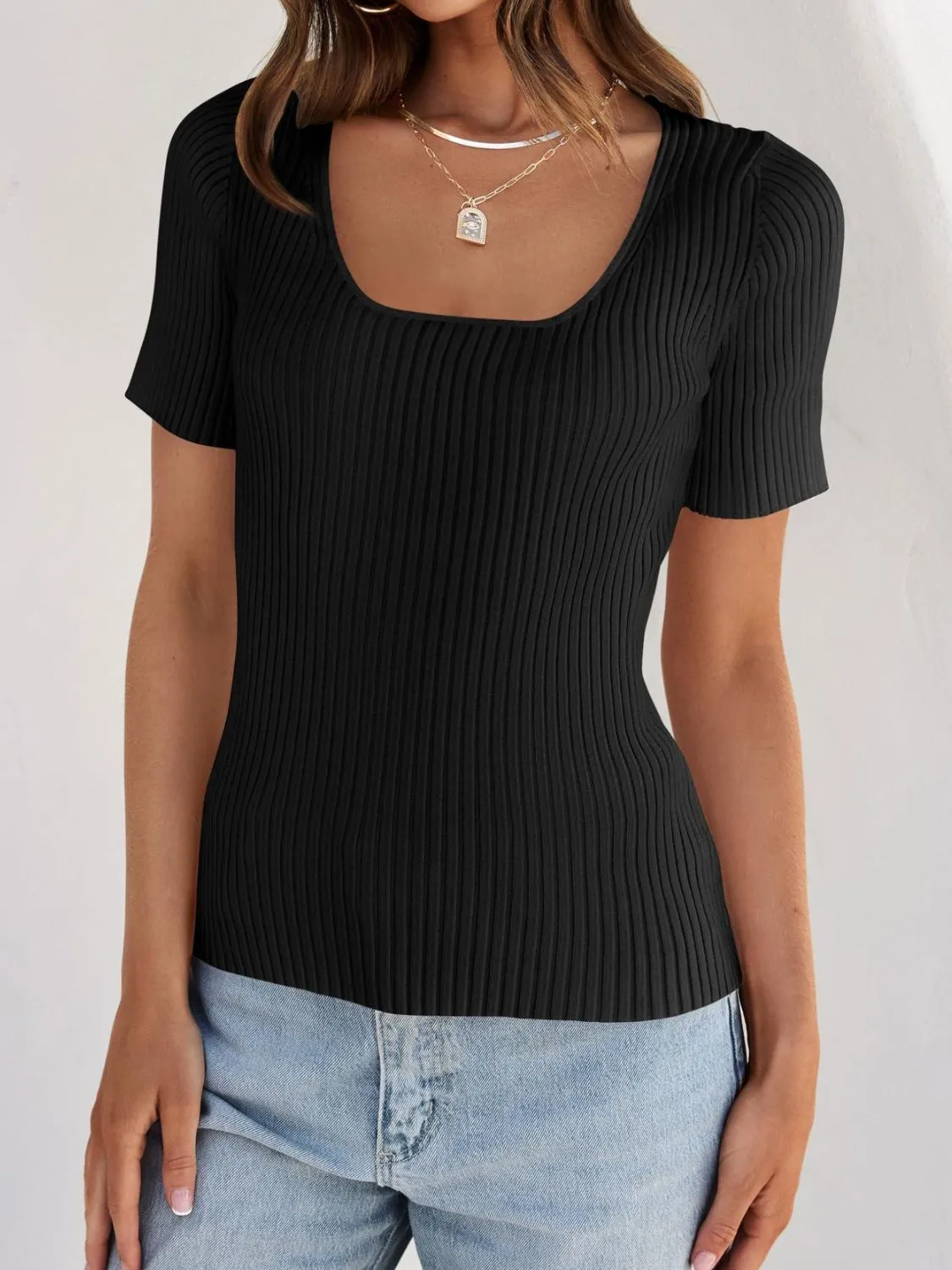 Ribbed Square Neck Short Sleeve Knit Top - Image 17