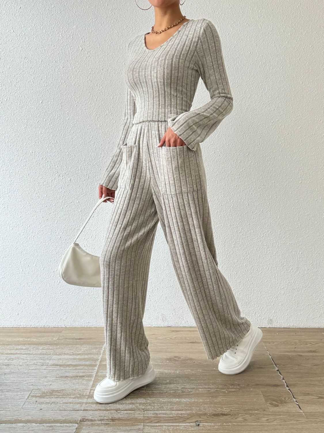 Ribbed V-Neck Long Sleeve Top and Pocketed Pants Set - Image 3