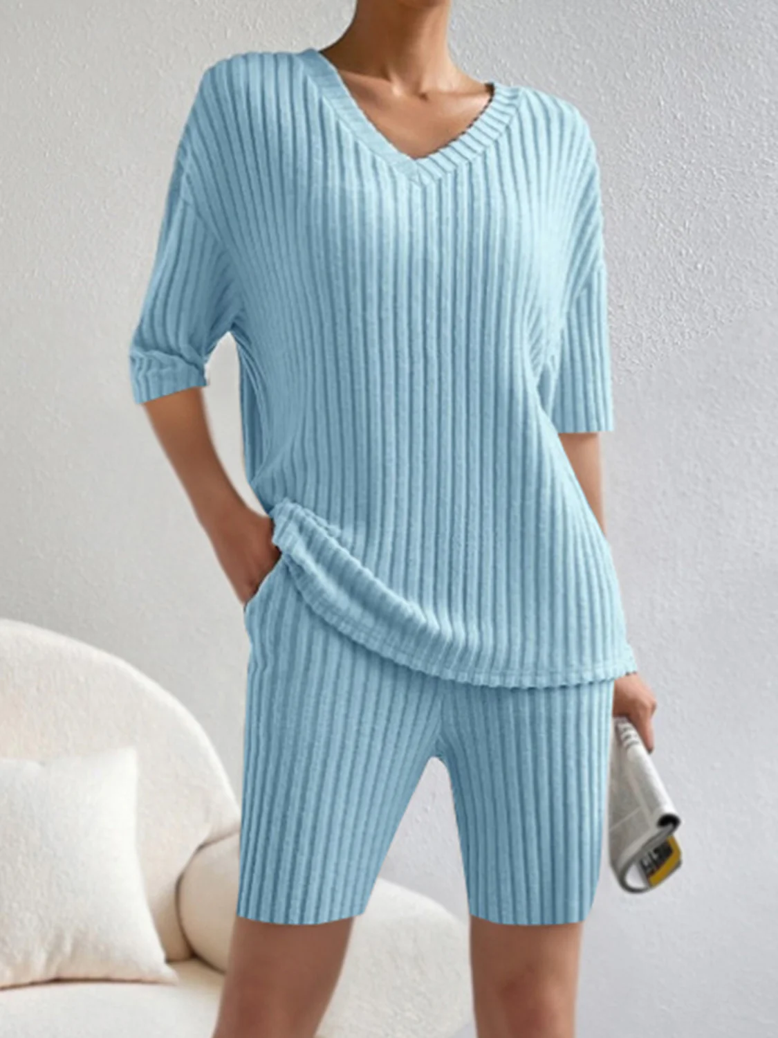 Ribbed V-Neck Top and Shorts Set - Image 10