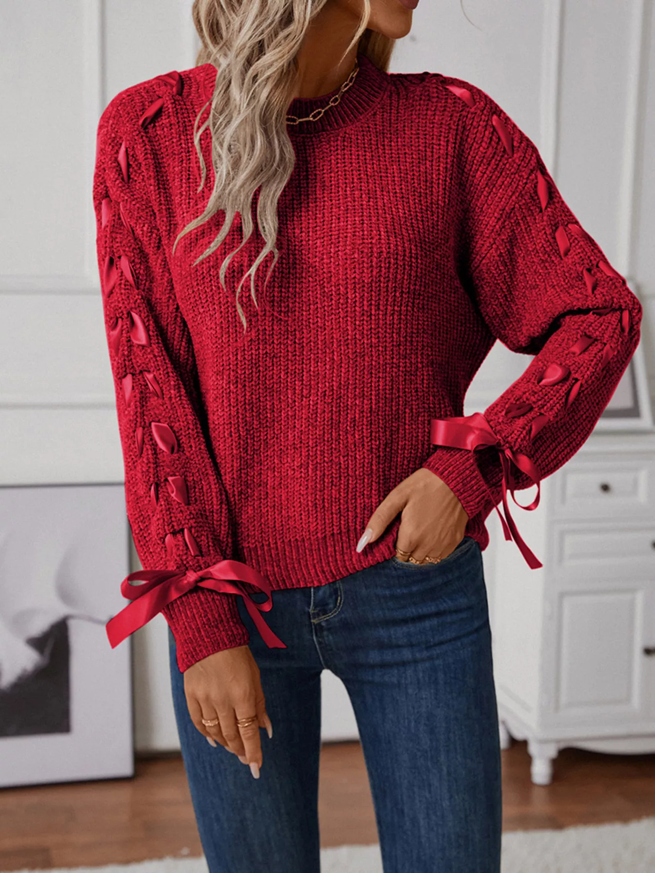 Ribbon-Tie Sleeve Round Neck Sweater - Image 10
