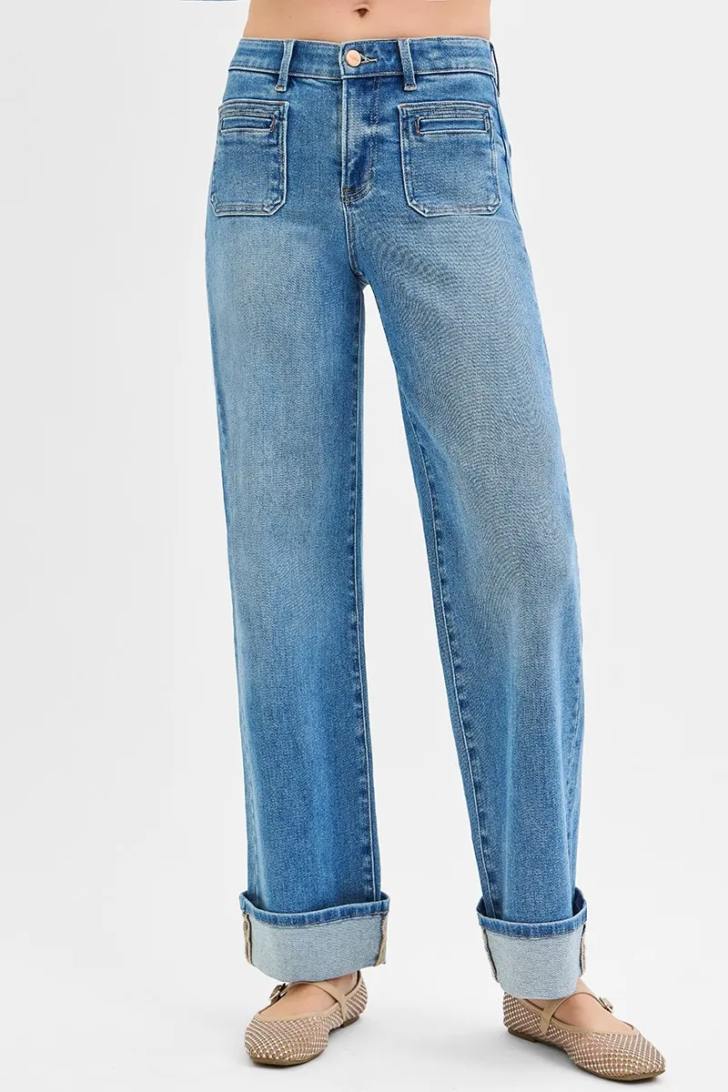 RISEN Full Size Elastic Band Mid Rise Wide Front Patch Pocket Cuff Jeans Plus Size - Image 2