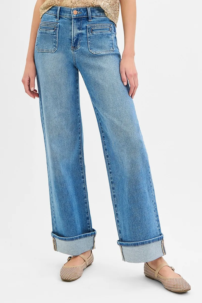 RISEN Full Size Elastic Band Mid Rise Wide Front Patch Pocket Cuff Jeans Plus Size - Image 3