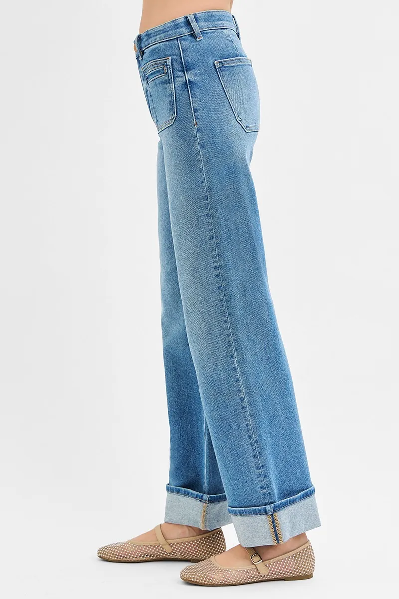 RISEN Full Size Elastic Band Mid Rise Wide Front Patch Pocket Cuff Jeans Plus Size - Image 4
