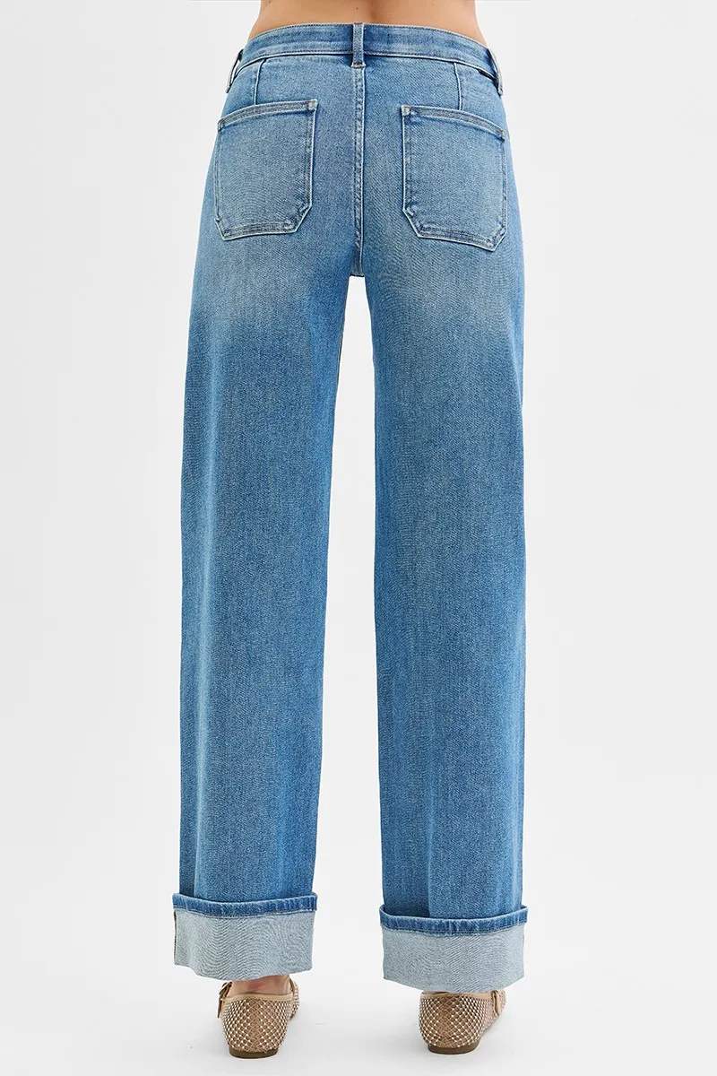 RISEN Full Size Elastic Band Mid Rise Wide Front Patch Pocket Cuff Jeans Plus Size - Image 5