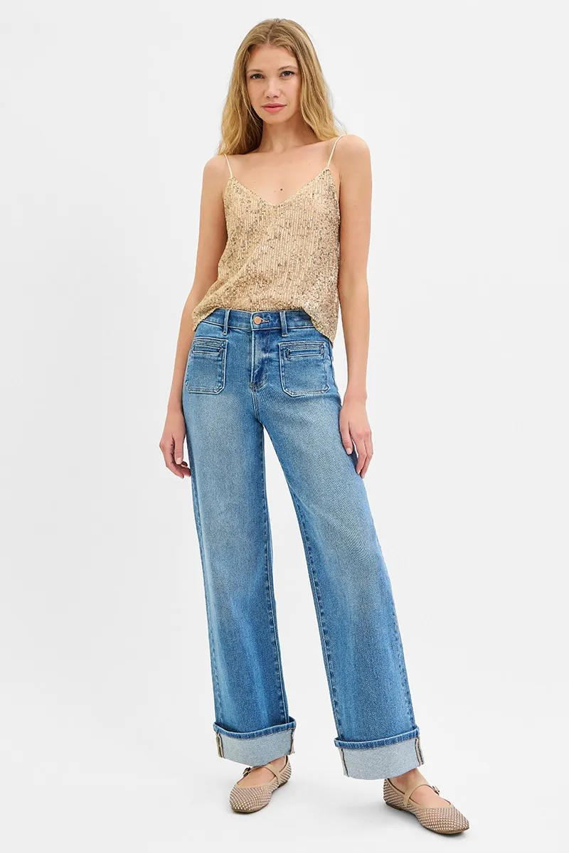 RISEN Full Size Elastic Band Mid Rise Wide Front Patch Pocket Cuff Jeans Plus Size - Image 6