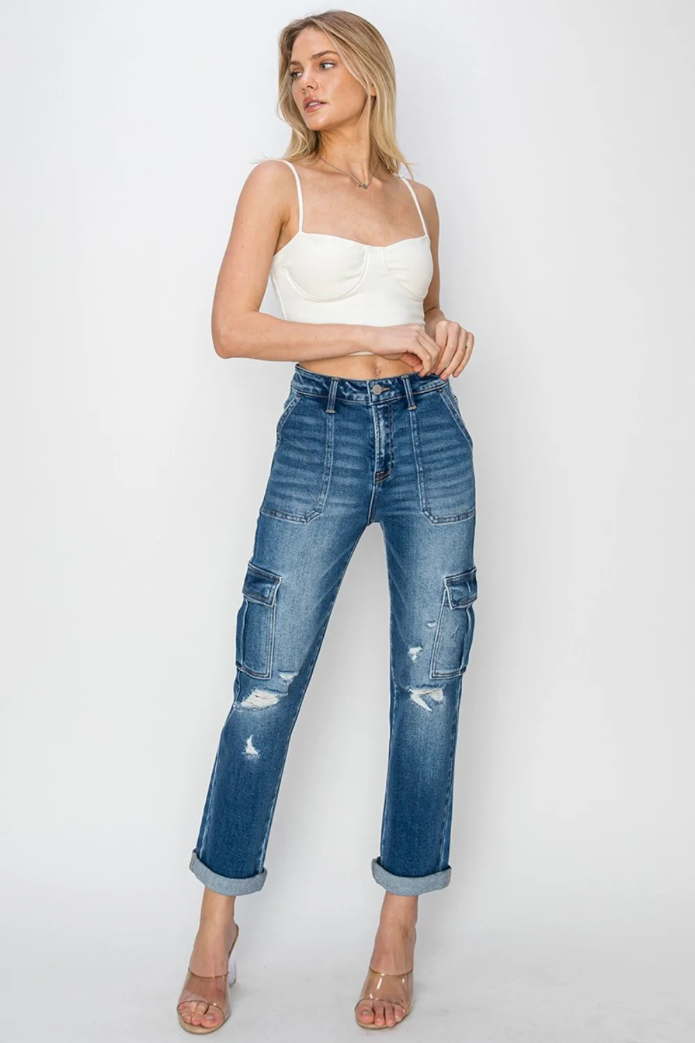 RISEN Full Size High Rise Cargo Ankle Roll Up Straight Jeans - Image 6