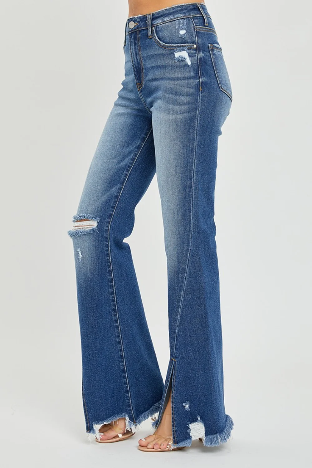 RISEN Full Size High Rise Front Slit Frayed Hem Flare Jeans - Image 3