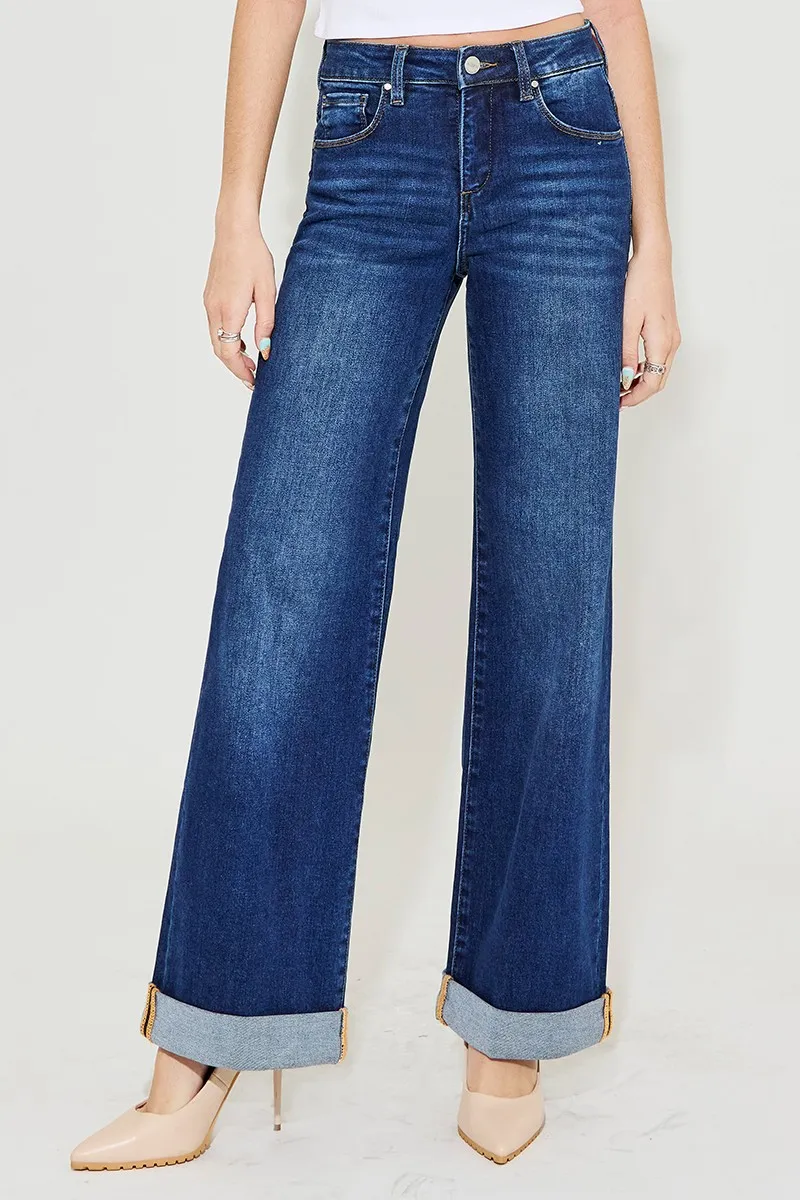 RISEN Full Size Tummy Control High Rise Wide Leg Cuffed Jeans Plus Size