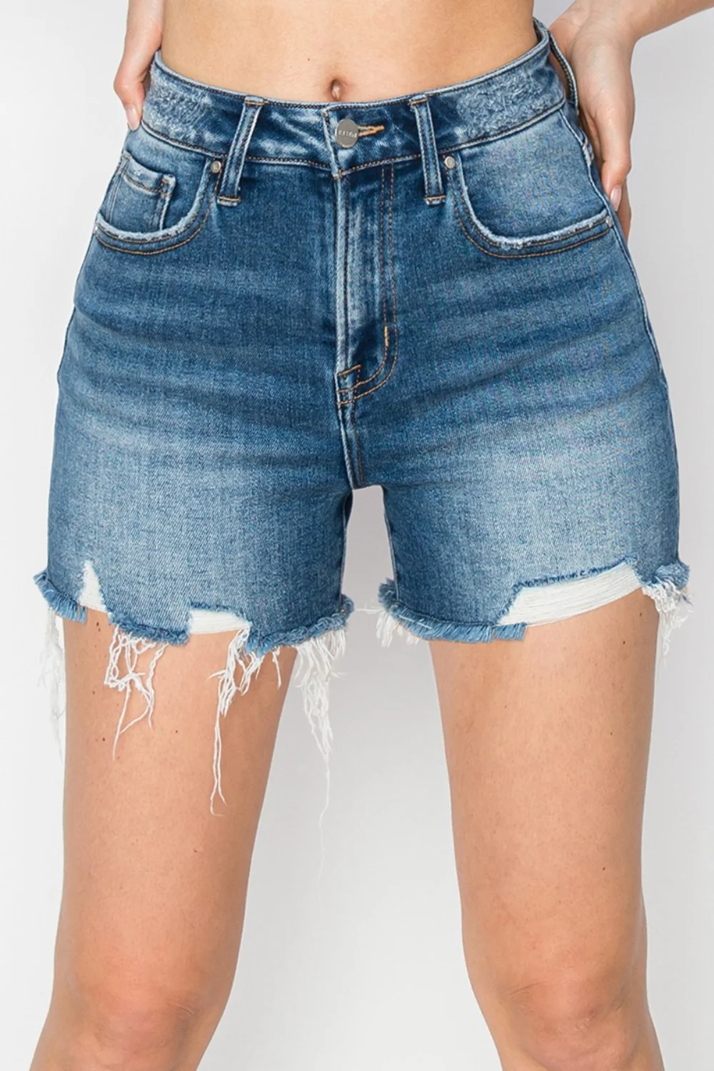 RISEN High Rise Raw Hem Distressed Denim Shorts - Image 5