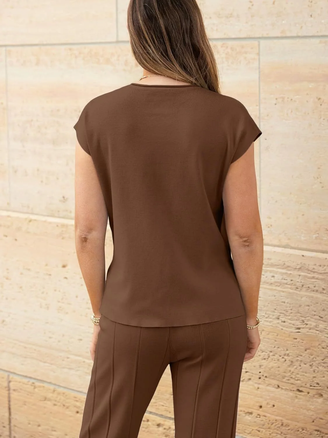 Round Neck Cap Sleeve Top and Pants Knit Set - Image 20