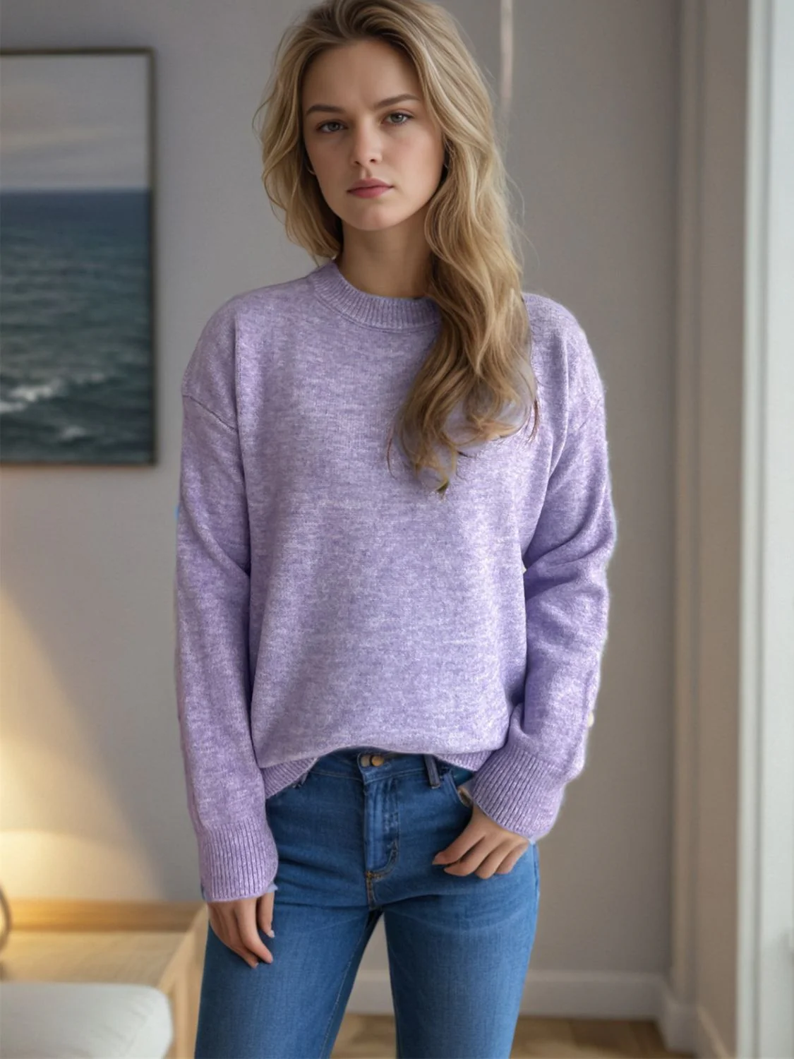Round Neck Drop Shoulder Long Sleeve Sweater - Image 2
