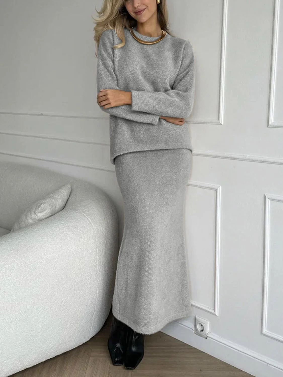 Round Neck Dropped Shoulder Top and Midi Skirt Sweater Set - Image 10