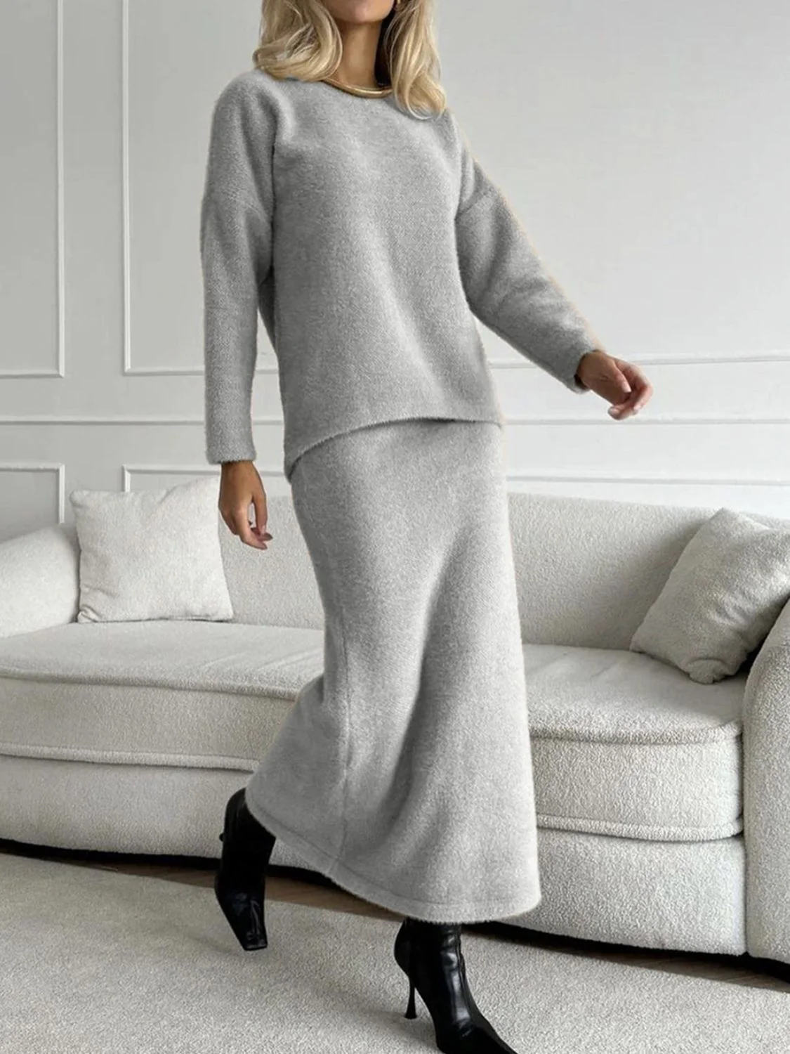 Round Neck Dropped Shoulder Top and Midi Skirt Sweater Set - Image 11