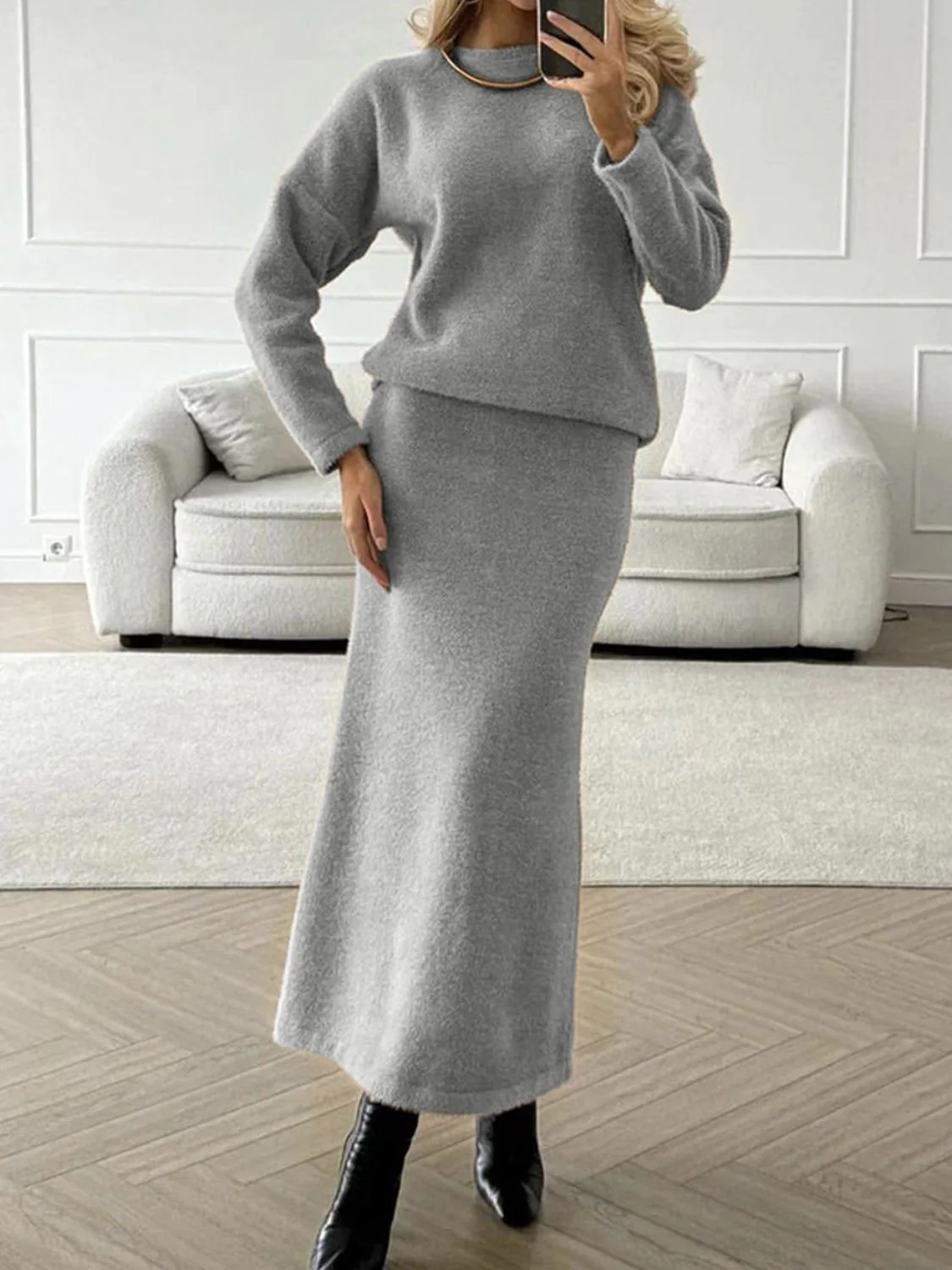 Round Neck Dropped Shoulder Top and Midi Skirt Sweater Set - Image 12