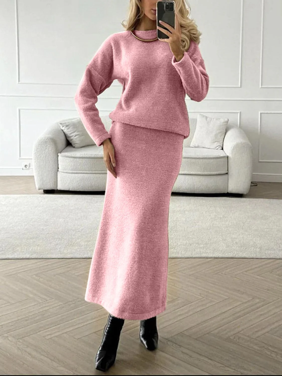 Round Neck Dropped Shoulder Top and Midi Skirt Sweater Set - Image 15