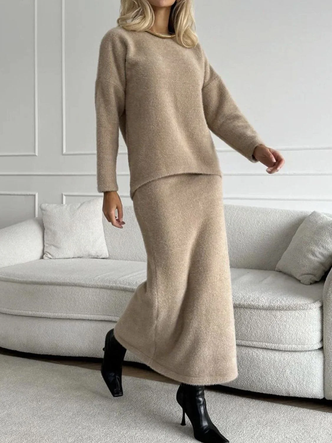 Round Neck Dropped Shoulder Top and Midi Skirt Sweater Set - Image 6