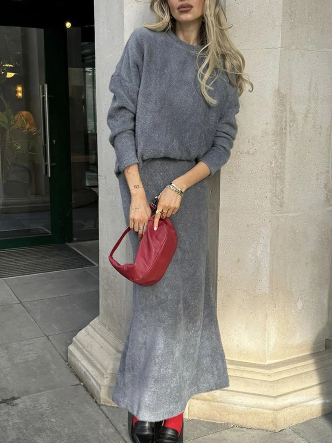Round Neck Dropped Shoulder Top and Midi Skirt Sweater Set - Image 7