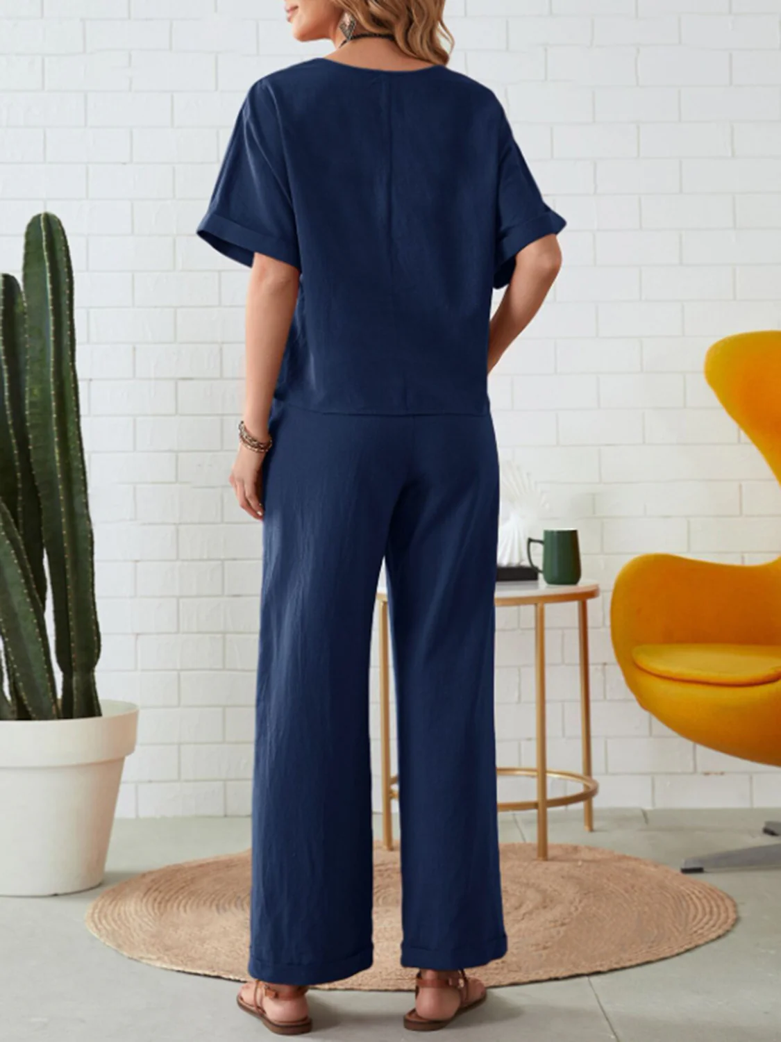 Round Neck Half Sleeve Top and Pocketed Pants Set - Image 2