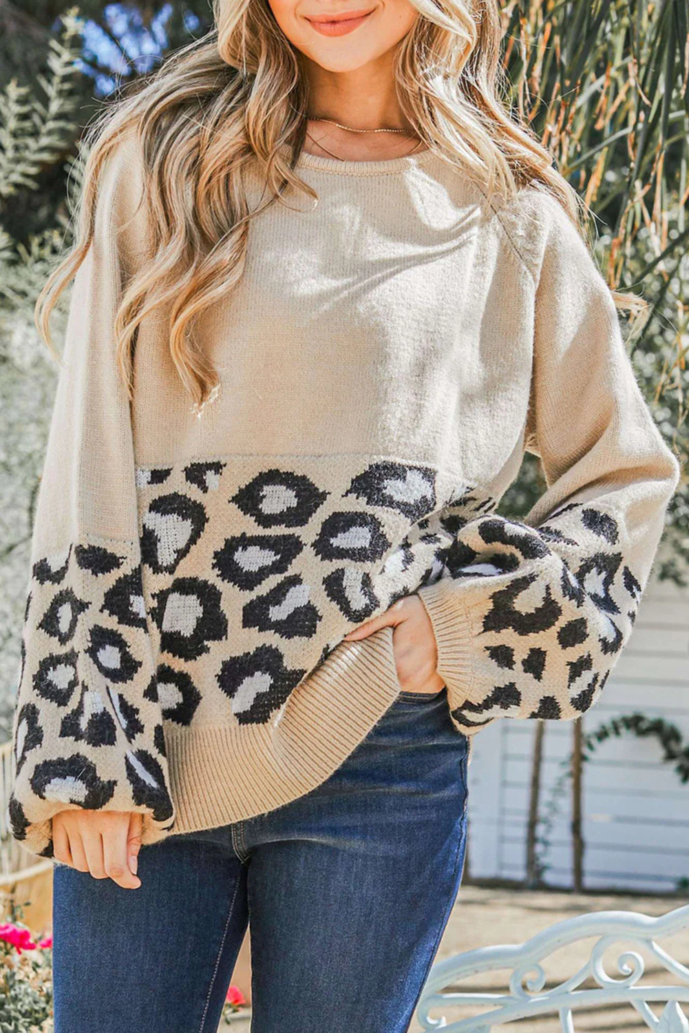 Round Neck Leopard Print Stitched Long-Sleeved Sweater - Image 3