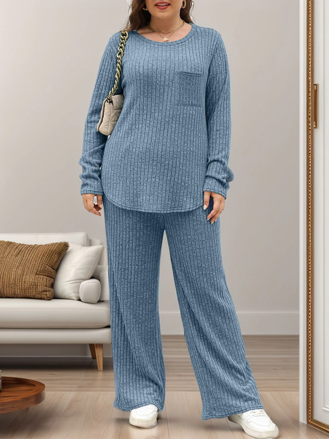 Round Neck Long Sleeve Top and Pants Set - Image 11
