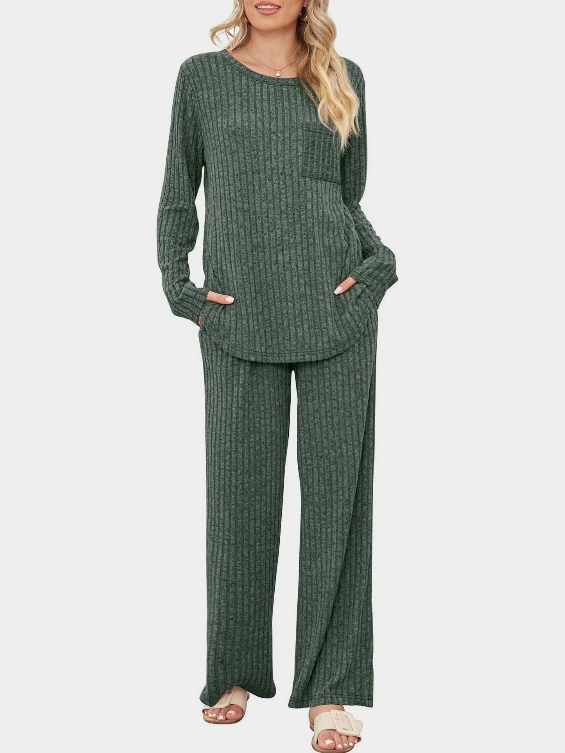 Round Neck Long Sleeve Top and Pants Set - Image 18