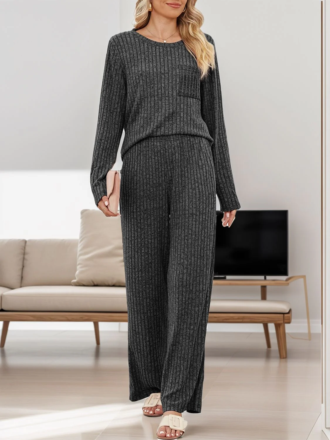 Round Neck Long Sleeve Top and Pants Set - Image 2