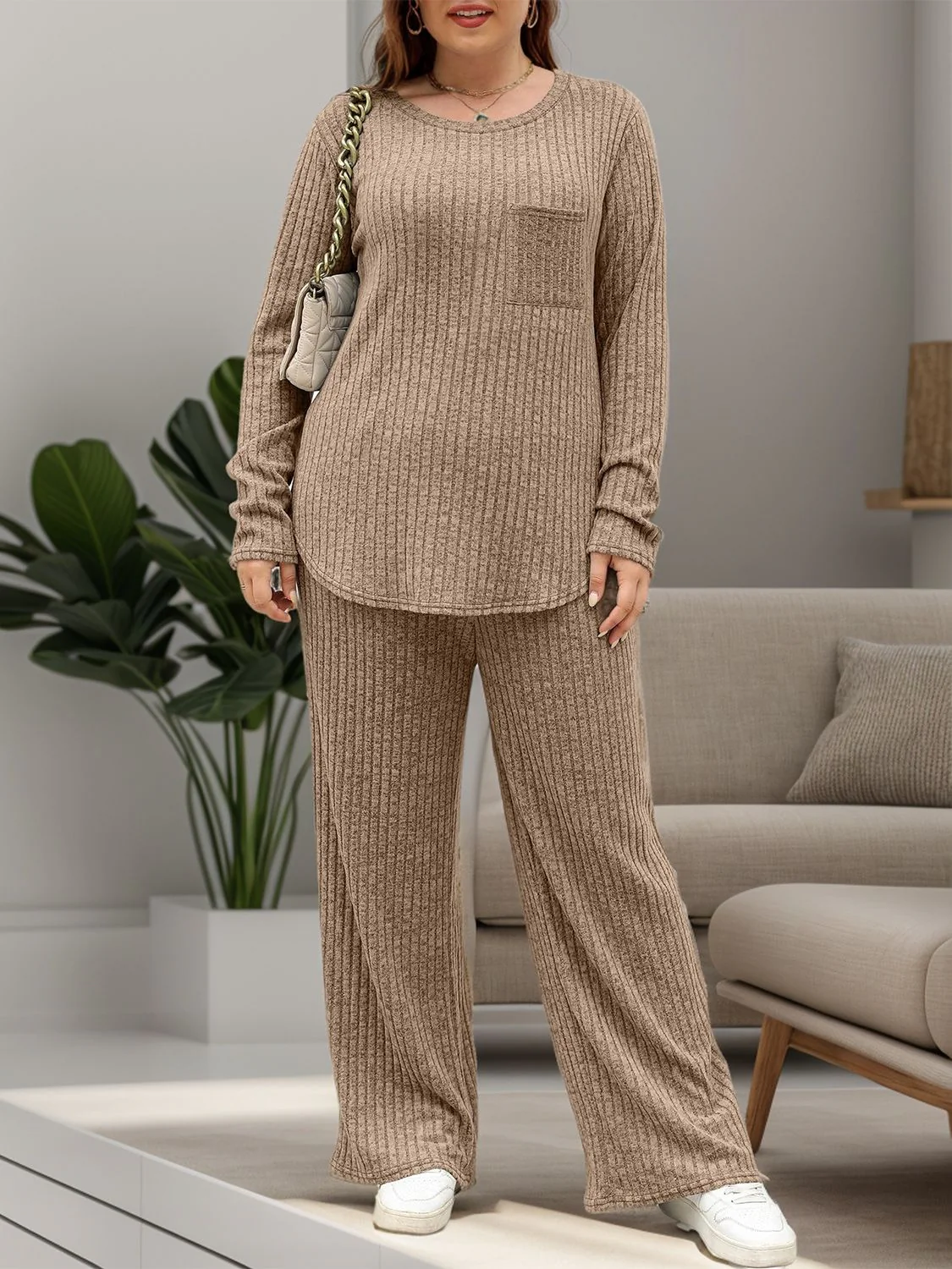 Round Neck Long Sleeve Top and Pants Set - Image 21