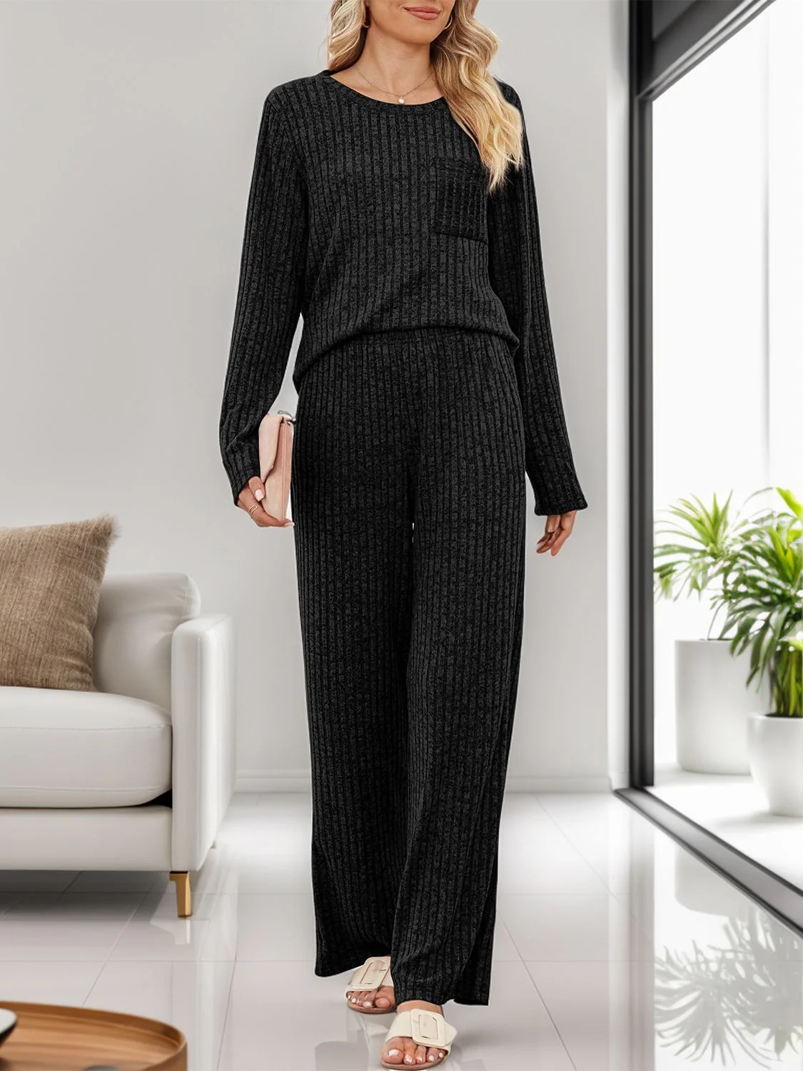Round Neck Long Sleeve Top and Pants Set - Image 28